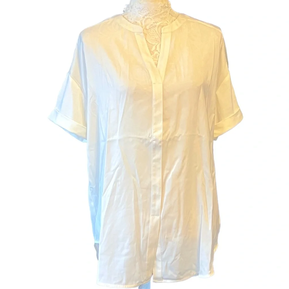 LYSSE blouse top shirt off white short sleeves silky size S